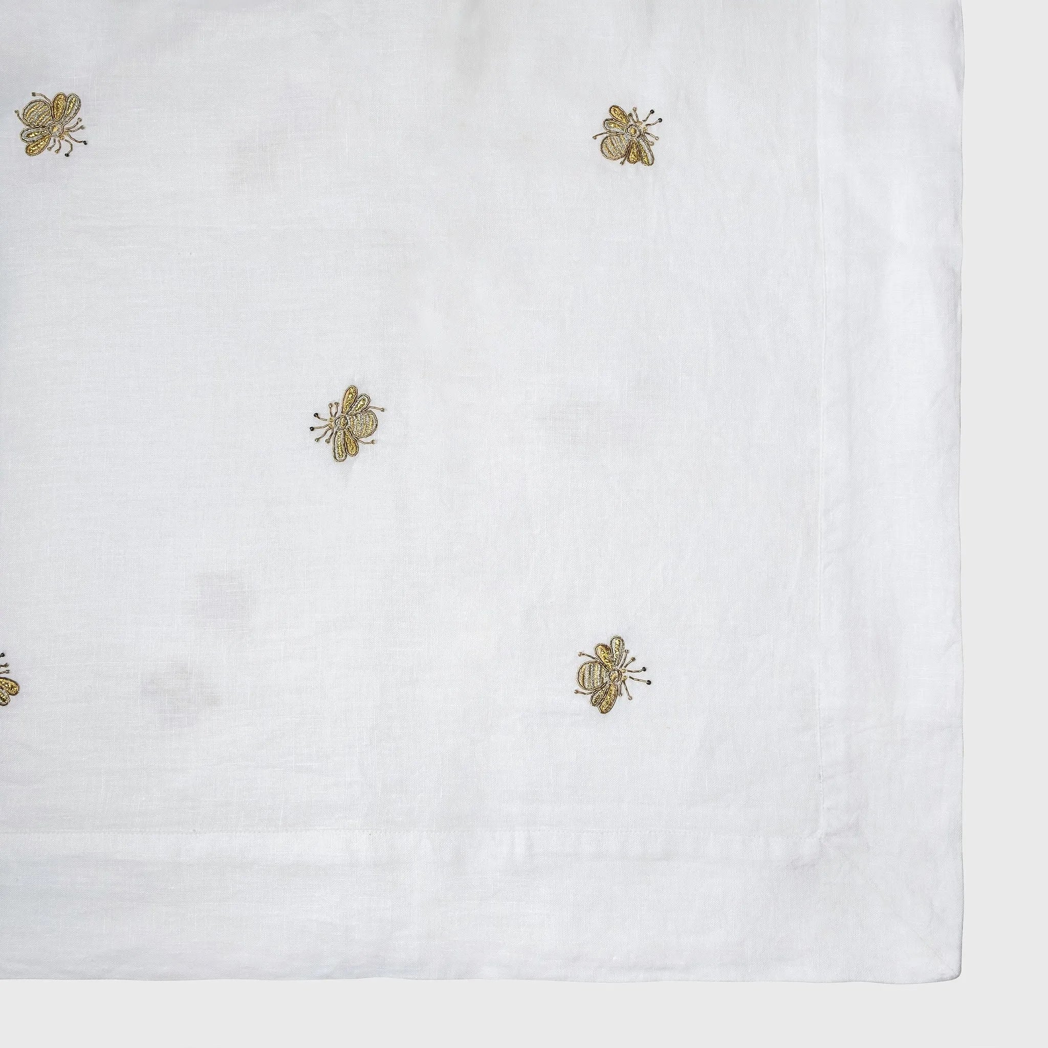 Embroidered Golden Bee White Linen Tablecloth