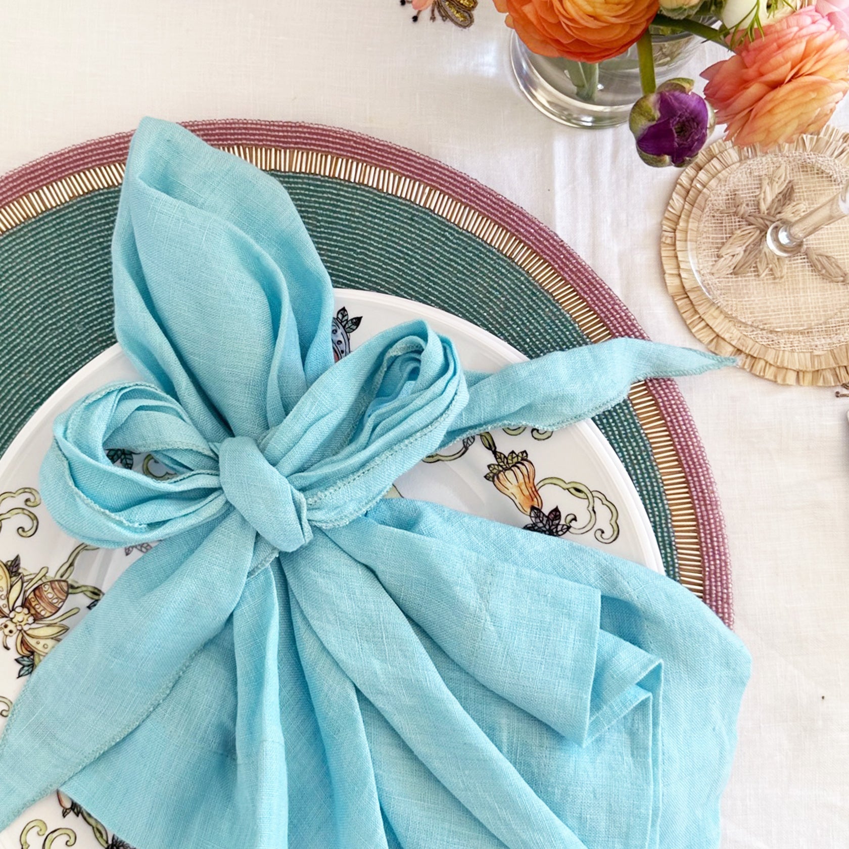 Bright stripe hand beaded placemat, aqua with lilac