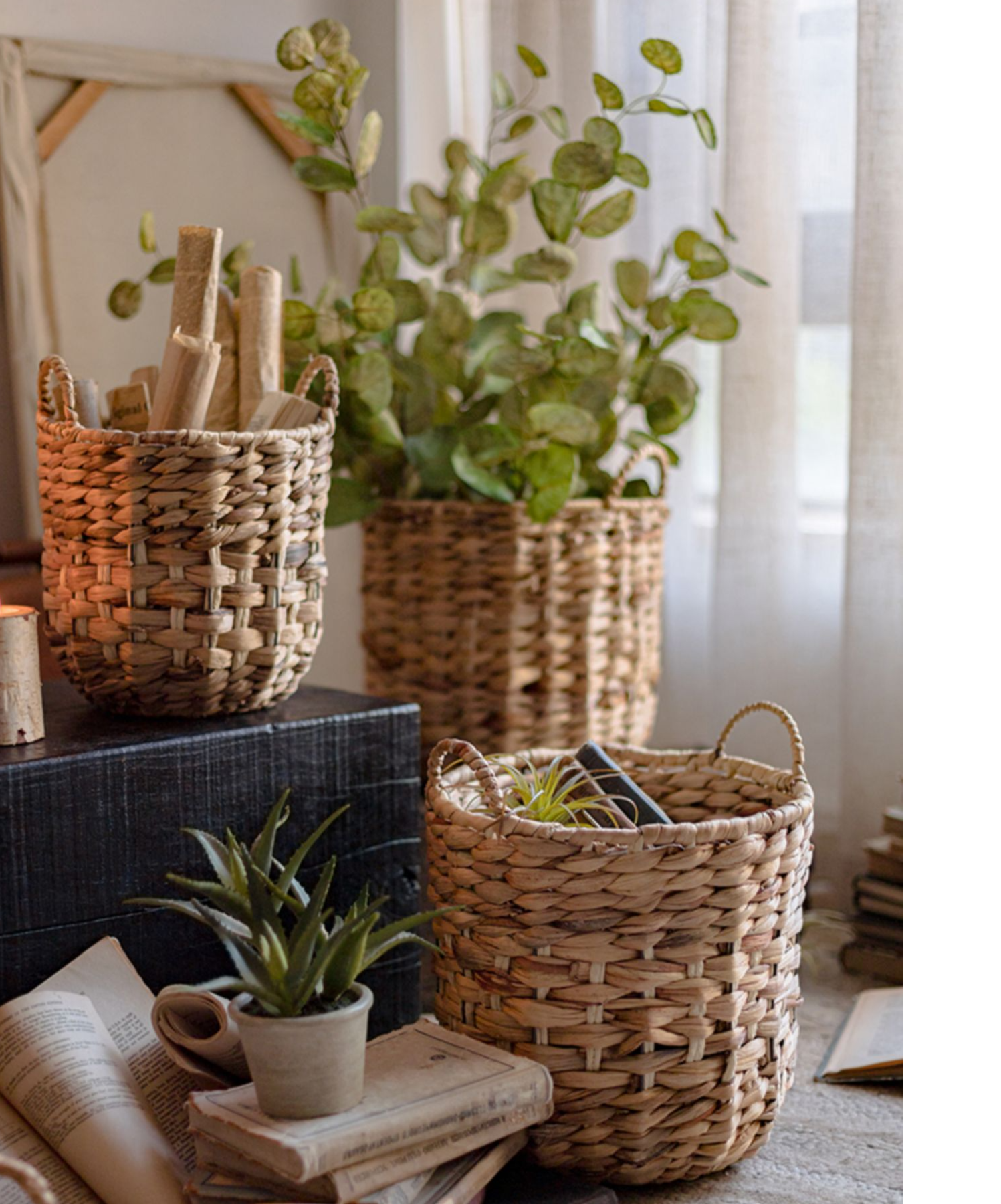 Natural Straw Round Basket in Khaki with Handles