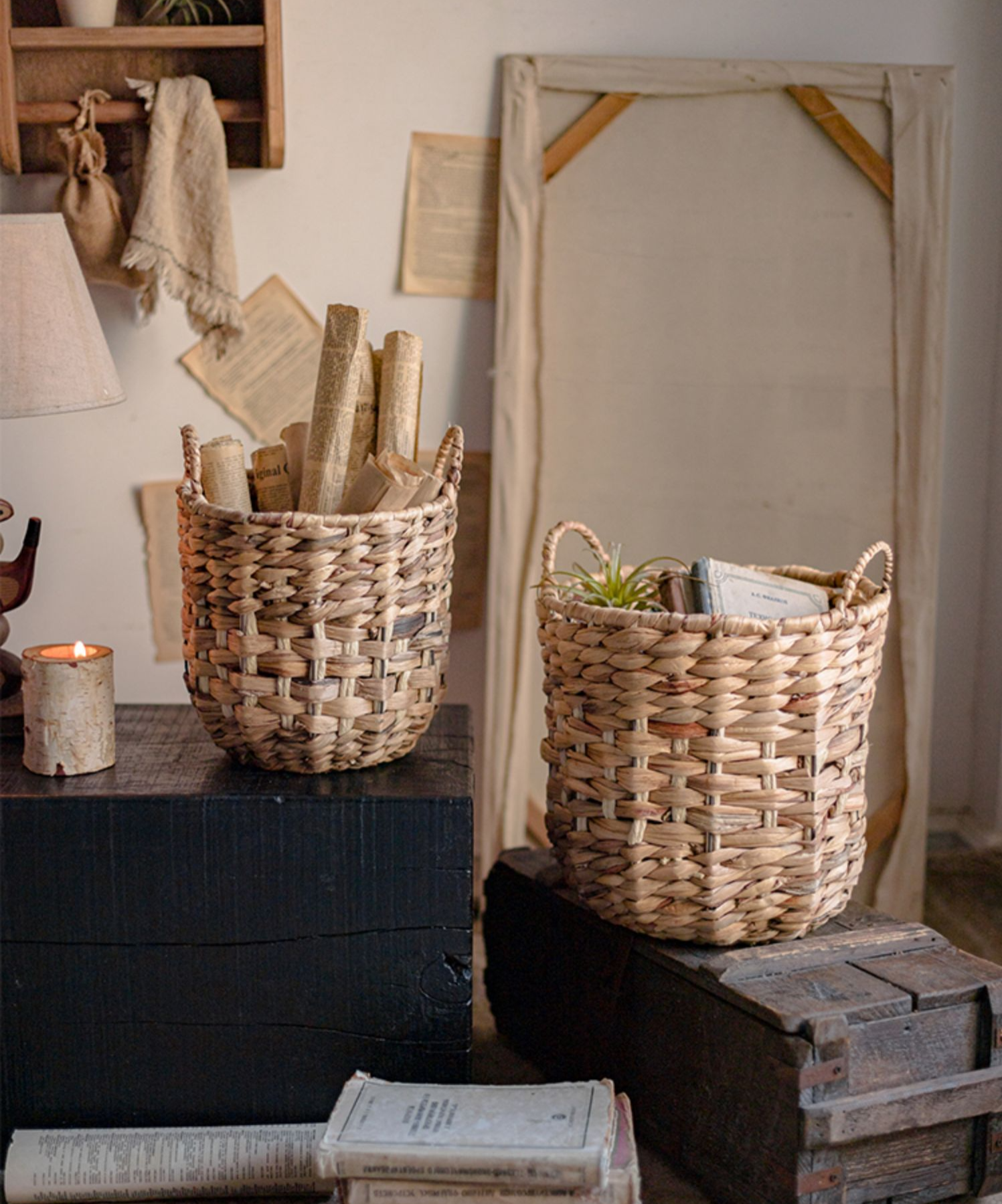Natural Straw Round Basket in Khaki with Handles