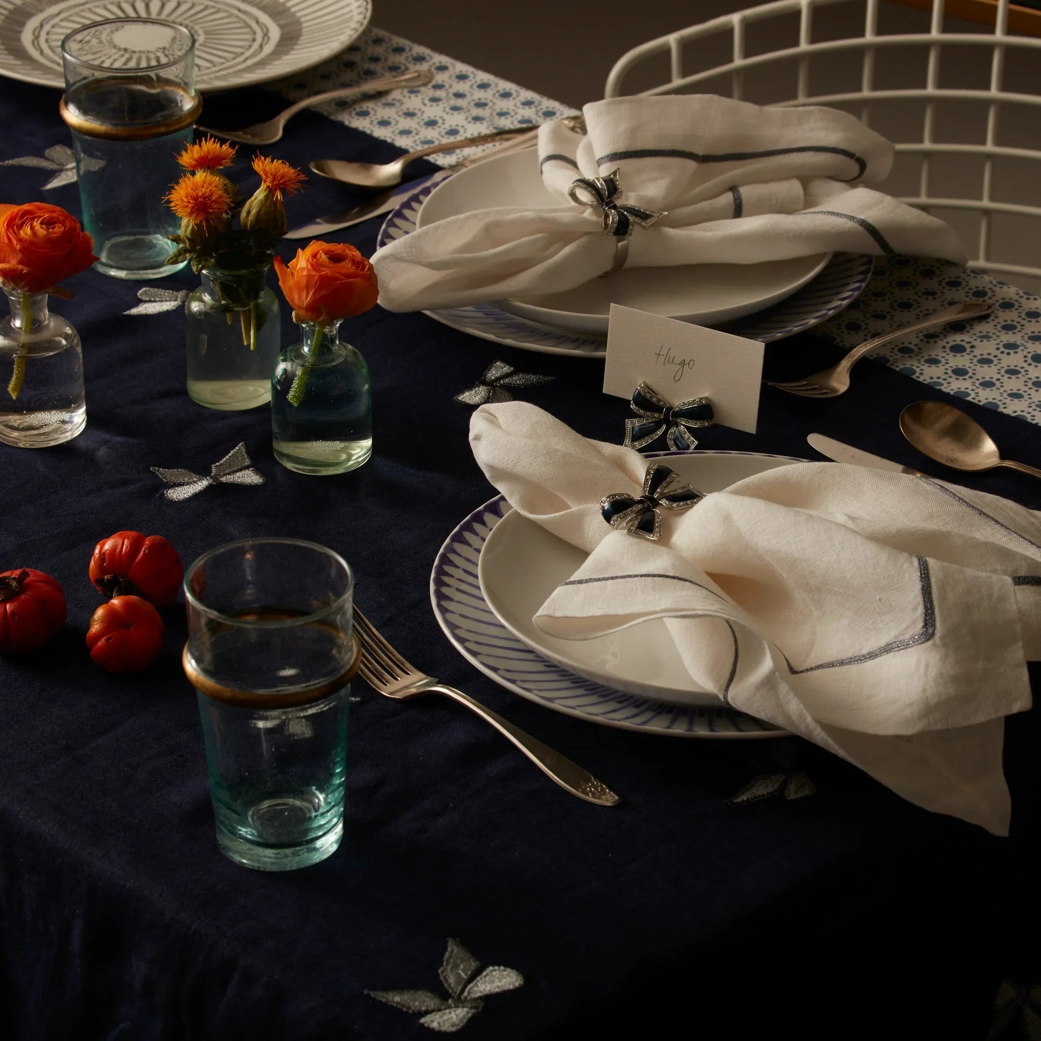 Enamel bow skinny napkin rings, navy, set of four - The Mayfair Hall