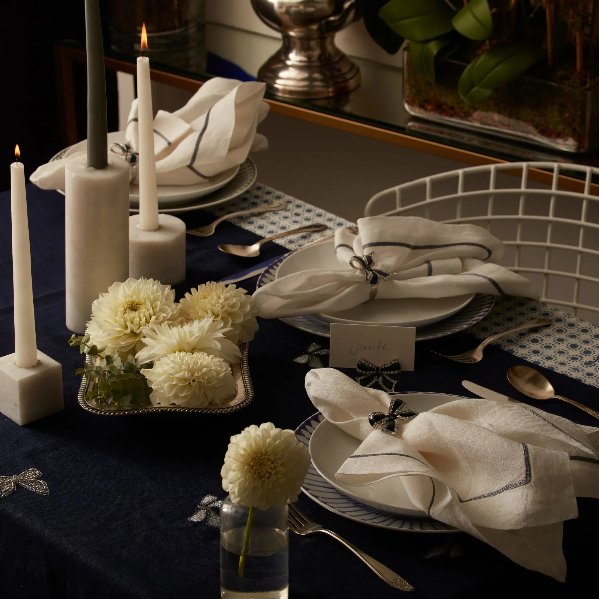 Enamel bow skinny napkin rings, navy, set of four - The Mayfair Hall