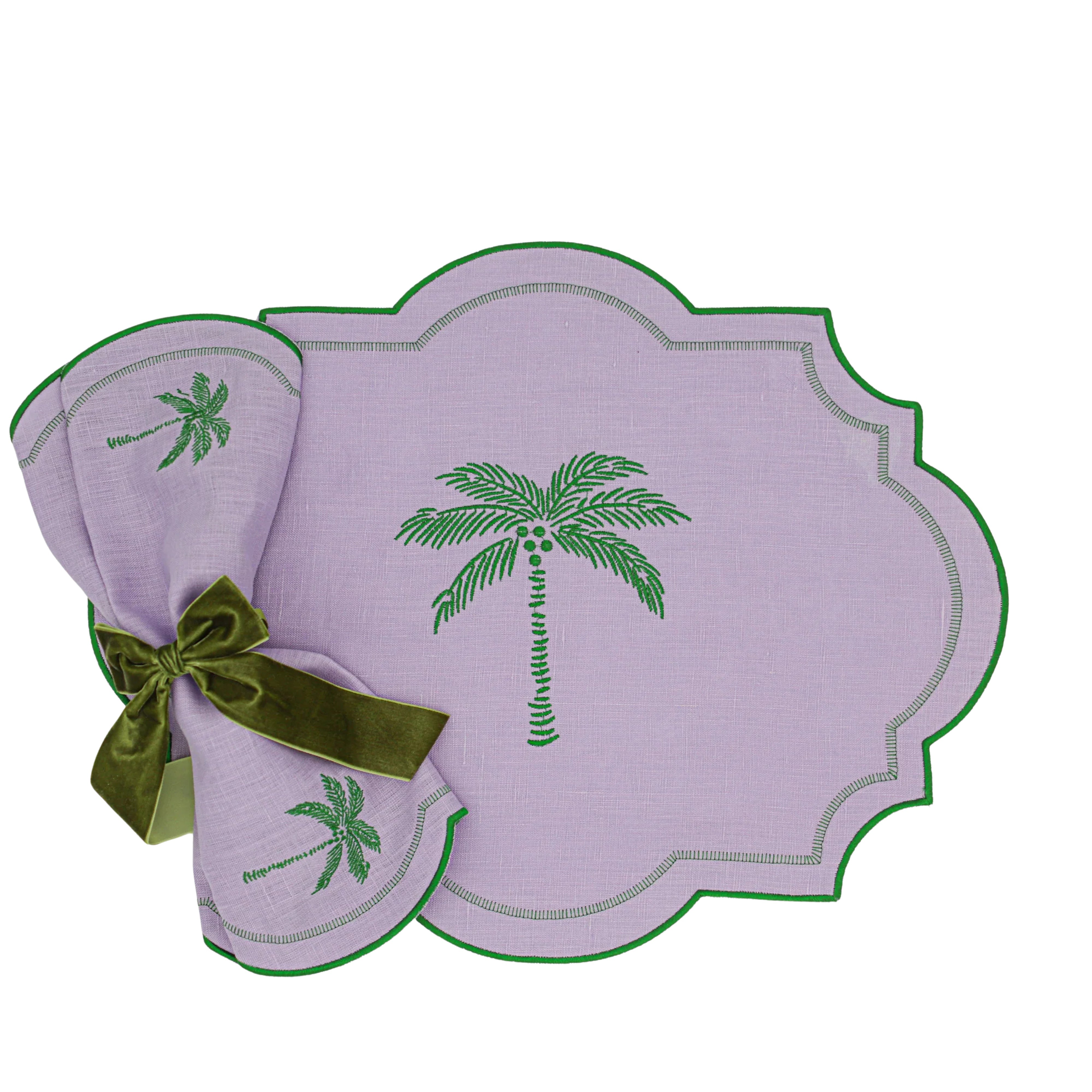 Jeweled Mirage Linen Napkin in Lilac with Green Embroidery and Trim (Set of 4)