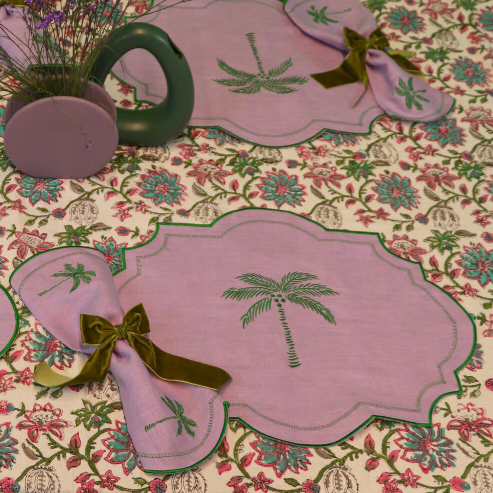 Jeweled Mirage Linen Napkin in Lilac with Green Embroidery and Trim (Set of 4)