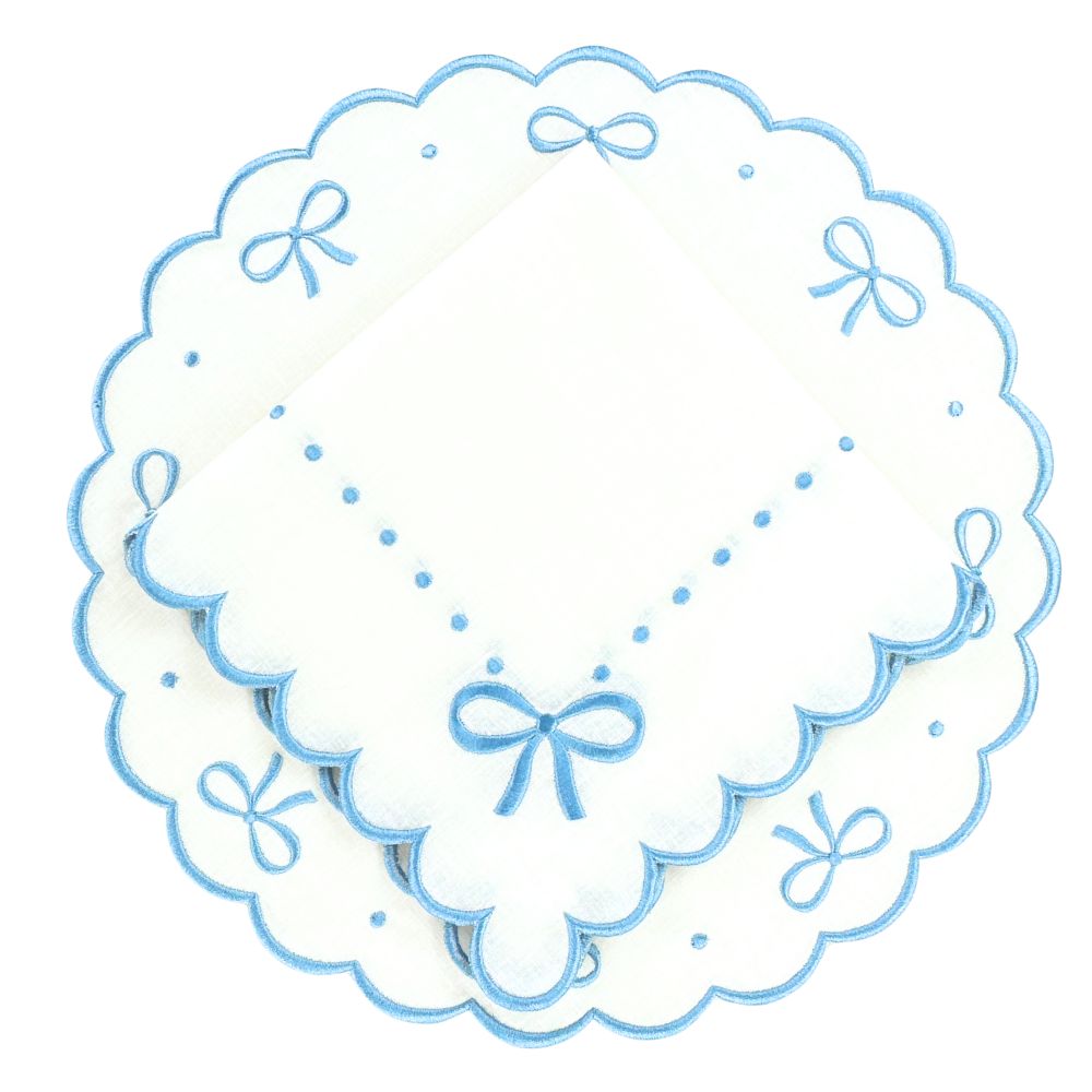 100% Linen - Studio Collection: Juliet Bows Placemats - White/Blue (Set of 4)