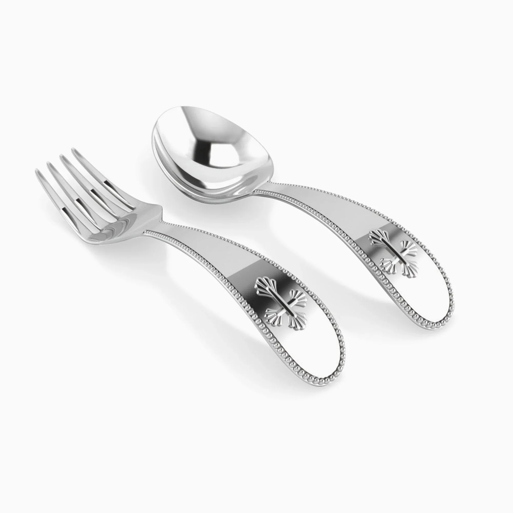 Sterling Silver Beaded Cross Baby Spoon & Fork Set by Krysaliis - The Mayfair Hall