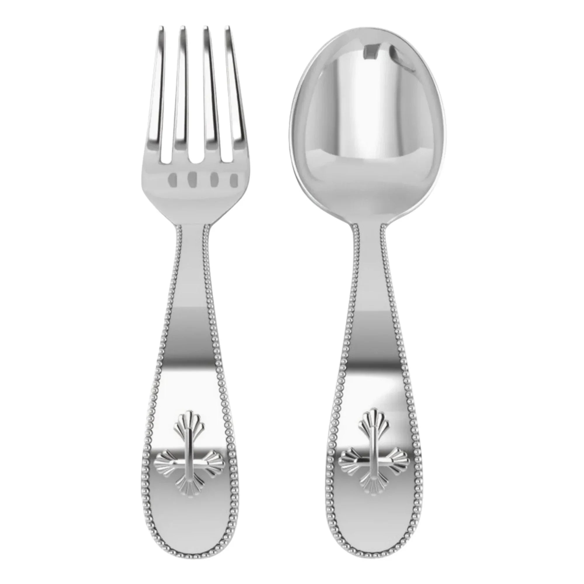 Sterling Silver Beaded Cross Baby Spoon & Fork Set by Krysaliis - The Mayfair Hall