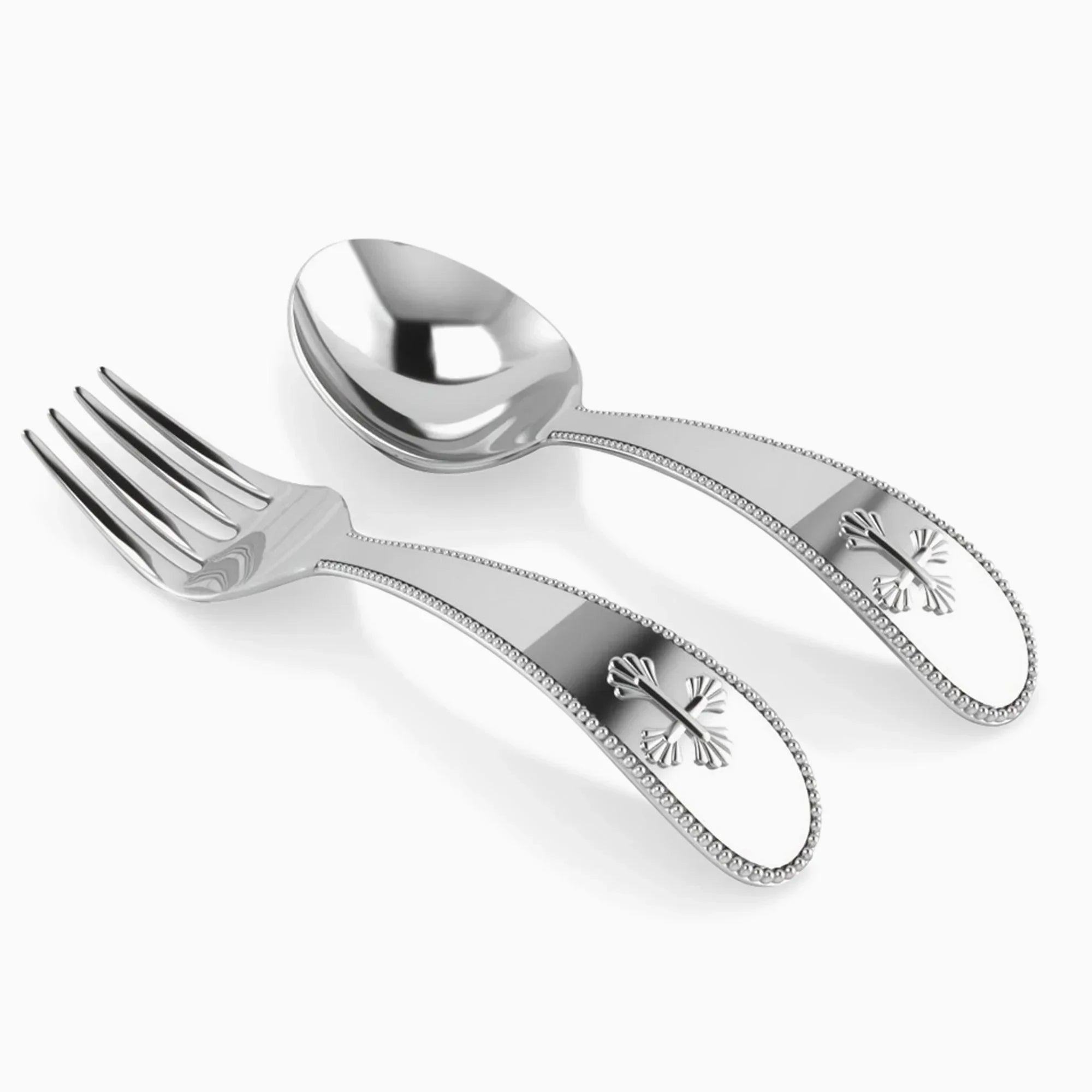 Sterling Silver Beaded Cross Baby Spoon & Fork Set by Krysaliis - The Mayfair Hall