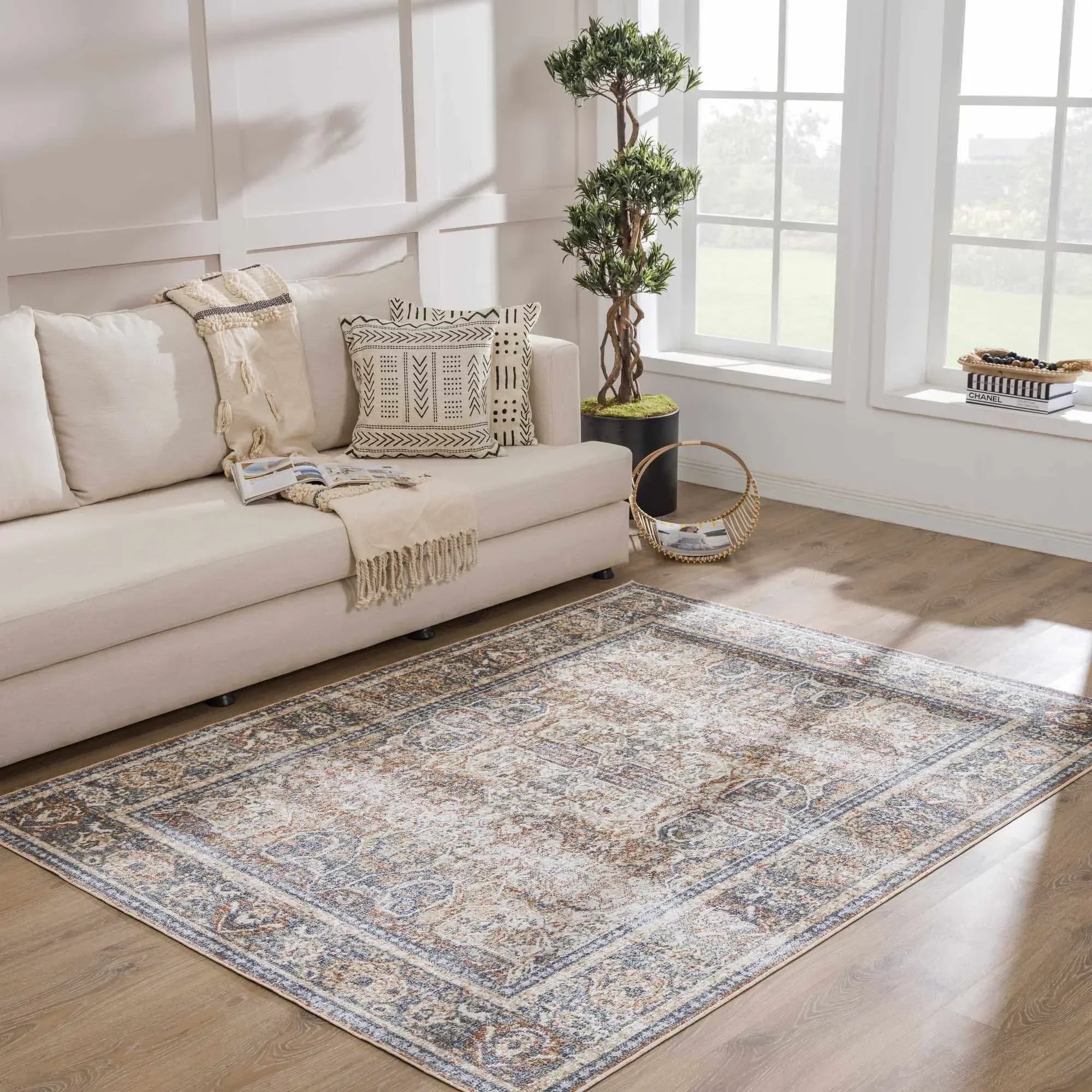 Arias Beige Blue Washable Area Rug - The Mayfair Hall