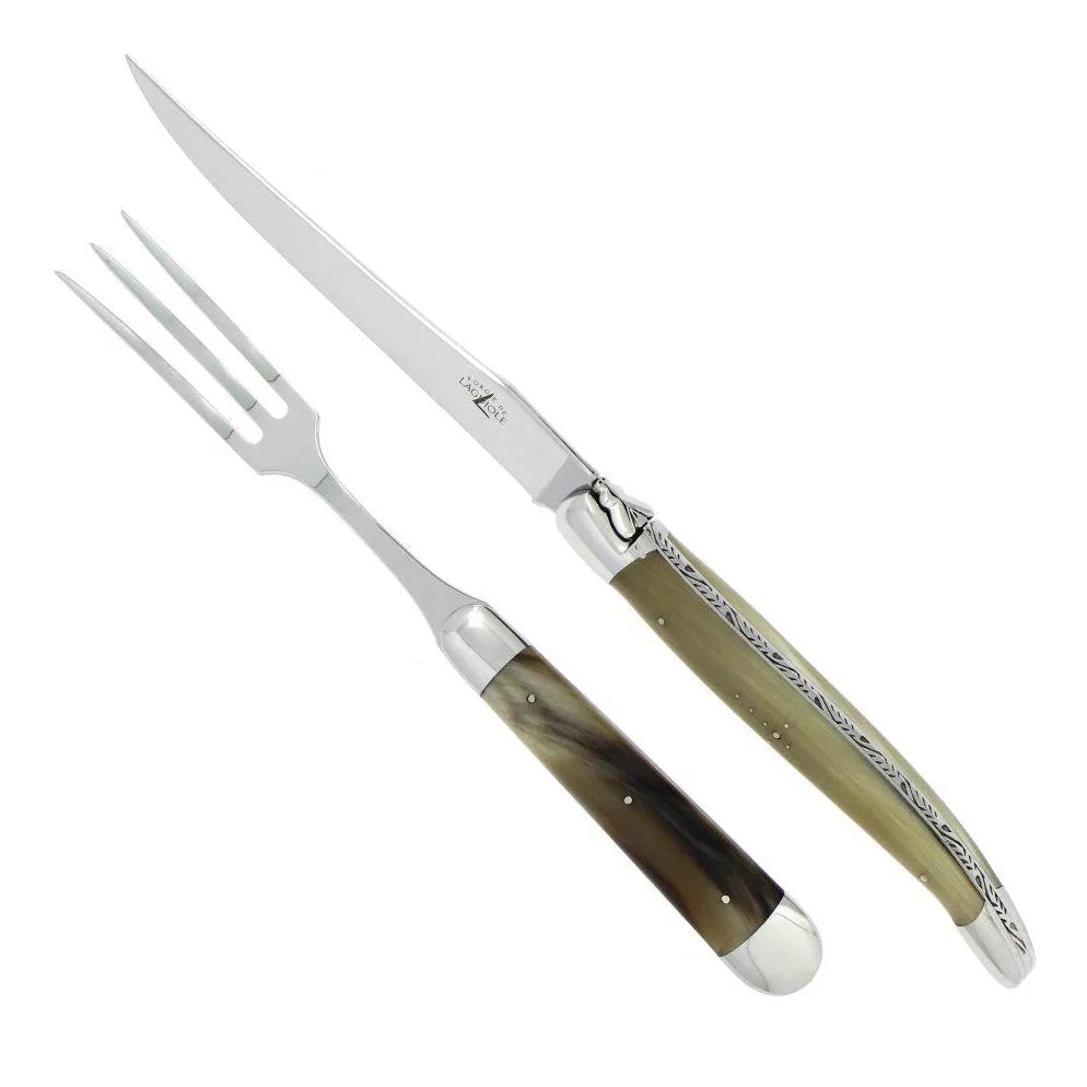 Laguiole XL Carving Set Horn Tip Handle Shiny Finish - The Mayfair Hall