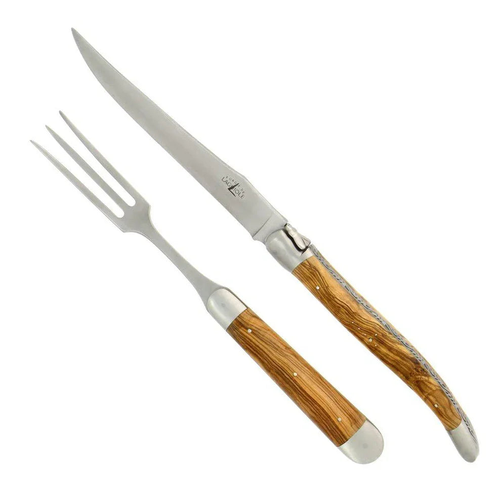Laguiole XL Carving Set Olive Wood Handle Satin Finish - The Mayfair Hall