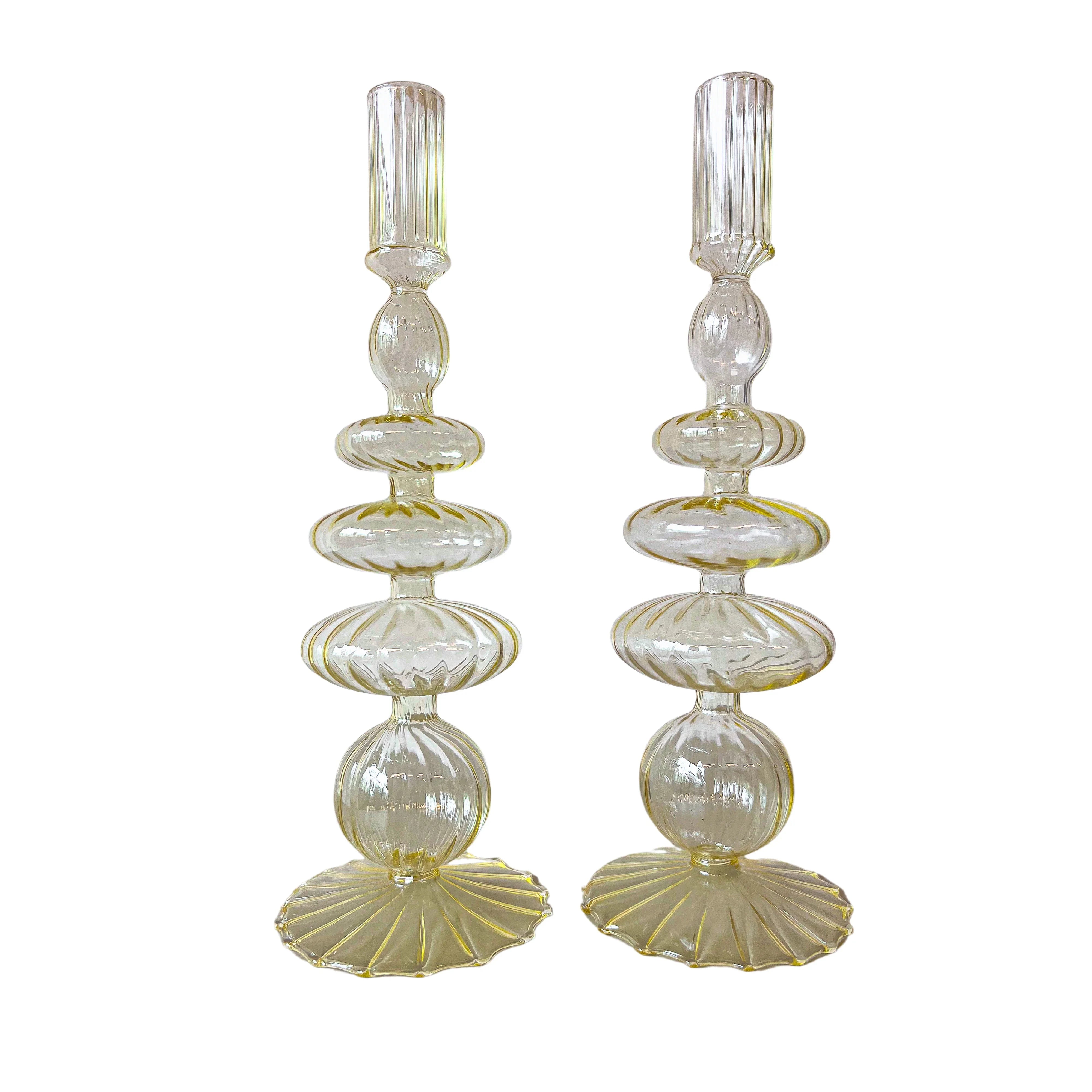 Ribbed Glass Candle Holder in Buttercream Yellow (Set of 2)