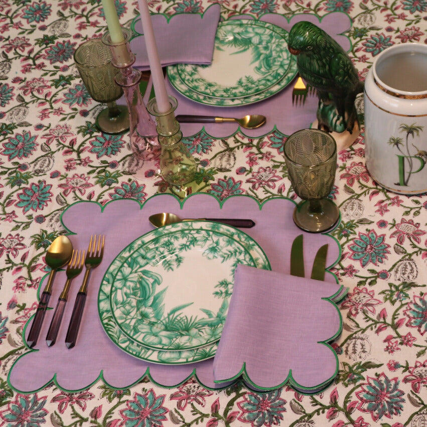 Adorned Linen Napkin in Lilac with Green Trim (Set of 4)