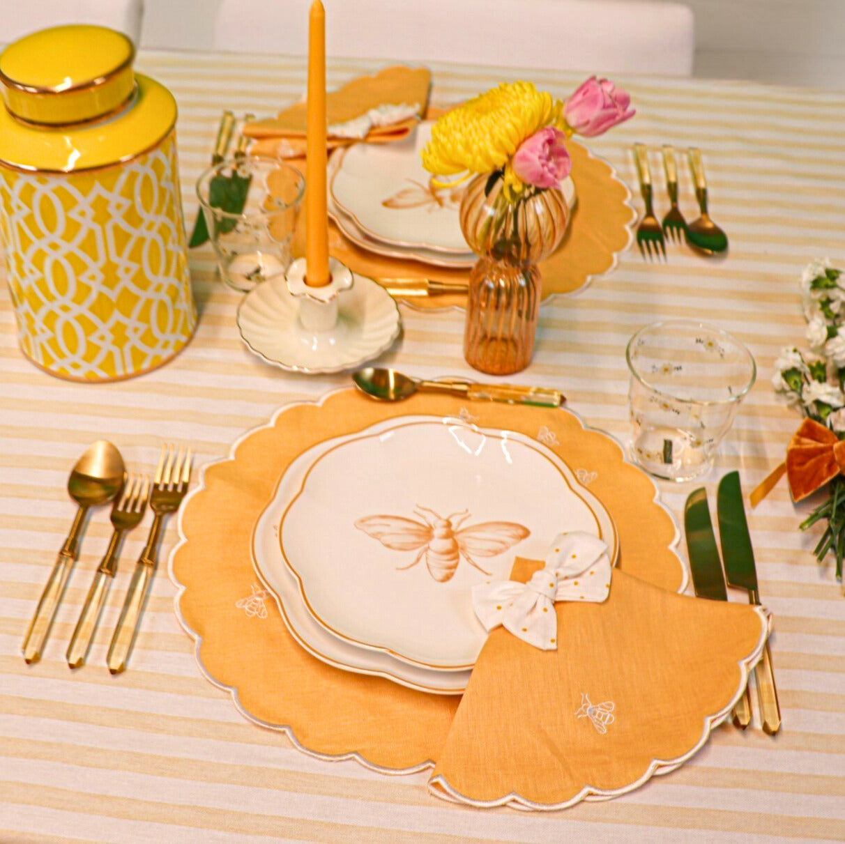 Lychee Sorbet Stripe Cotton and Linen Tablecloth in Yellow and White