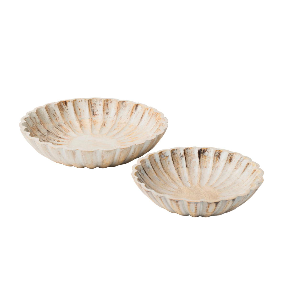 Scallop Serenity Hand-Carved Mango Wood Bowls in Gray by Mela Artisans — Set of 2