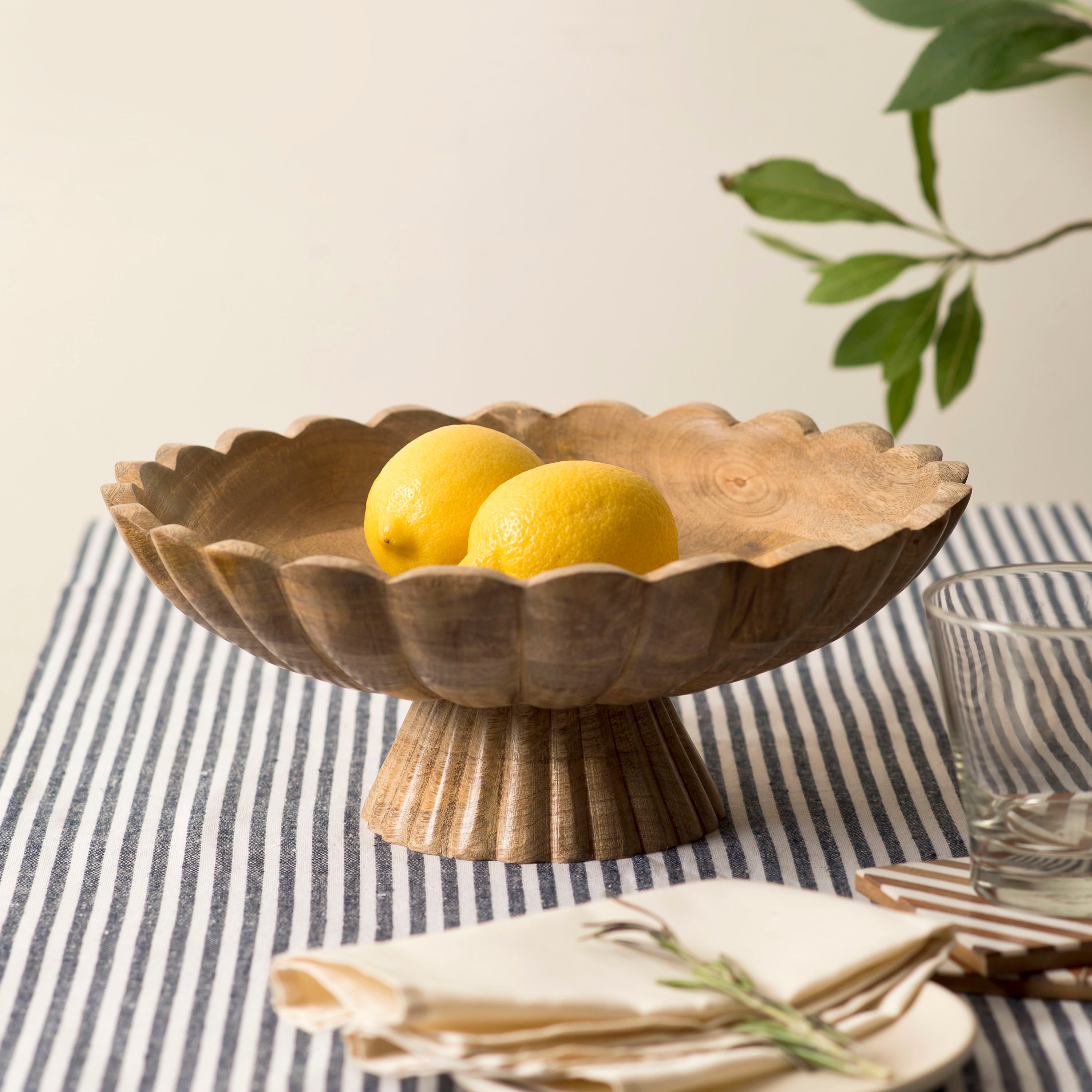 Handcarved Scalloped Edge Fluted Pedestal Bowl
