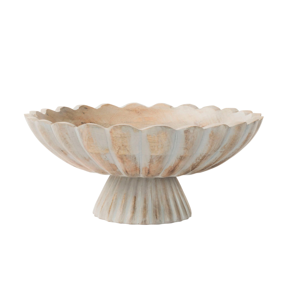 Hand-Carved Scalloped Fluted Mango Wood Pedestal Bowl by Mela Artisans