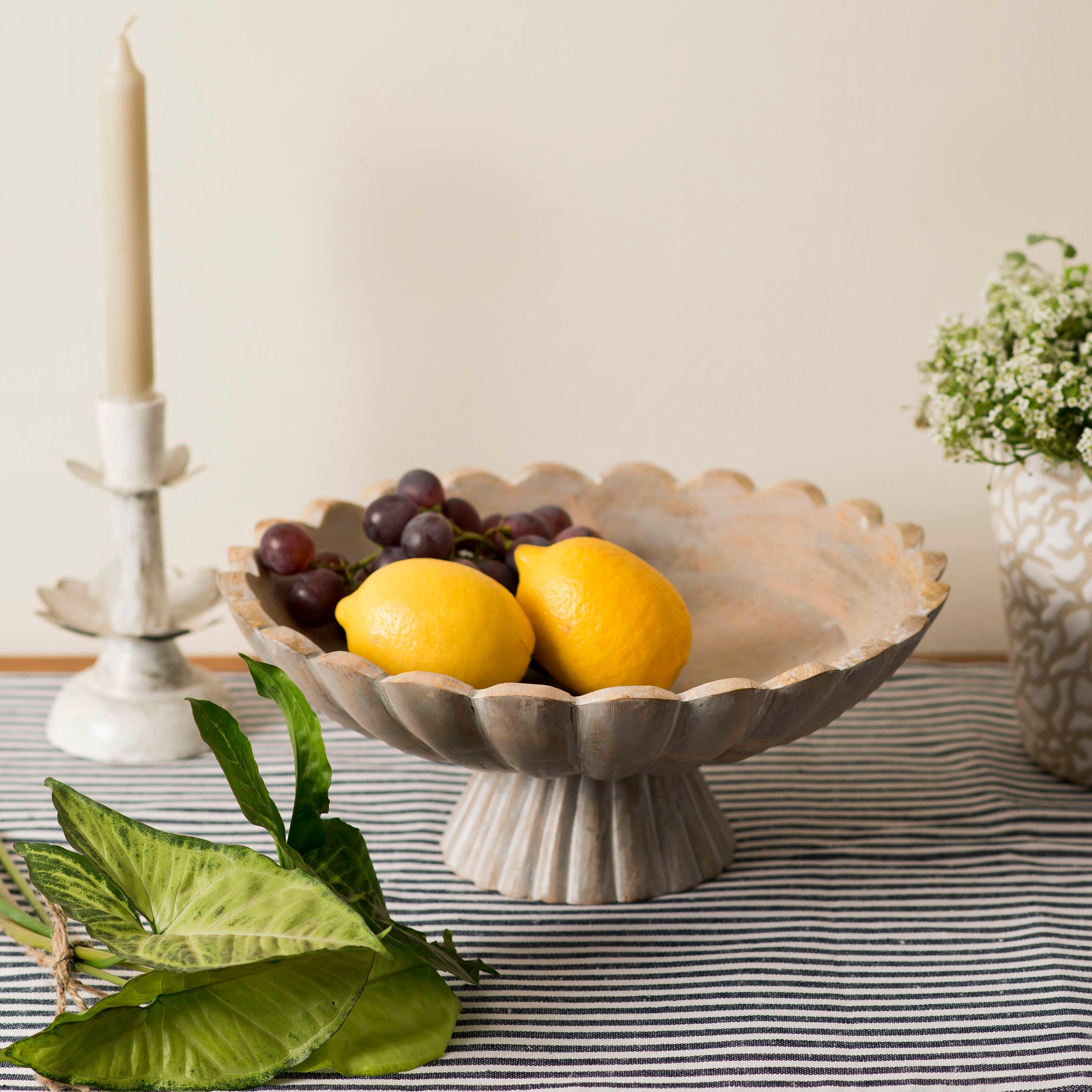 Handcarved Scalloped Edge Fluted Pedestal Bowl