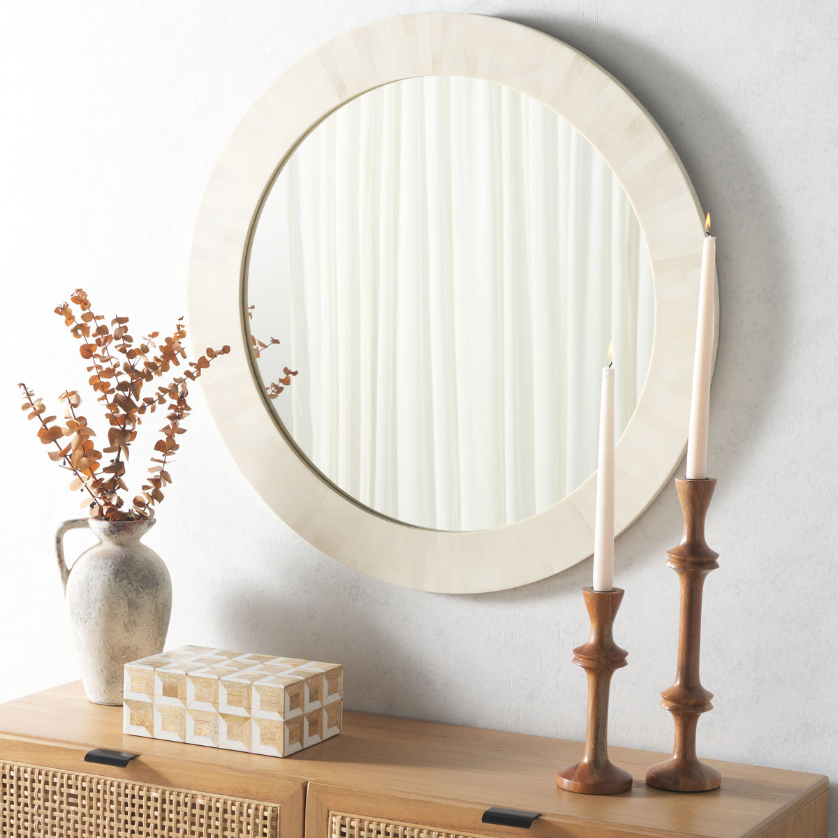 Sabi Resin and MDF Mirror in Antique Ivory and Faux Bone — 29.2″