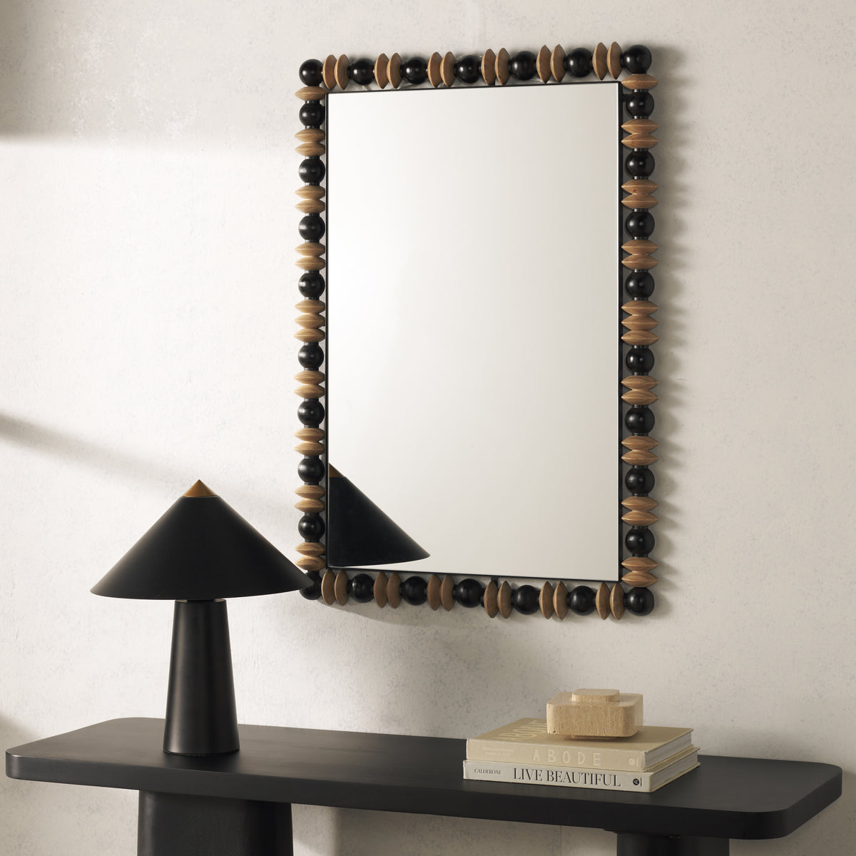 Azaria Pinewood and Metal Mirror in Black and Natural — 24.6″