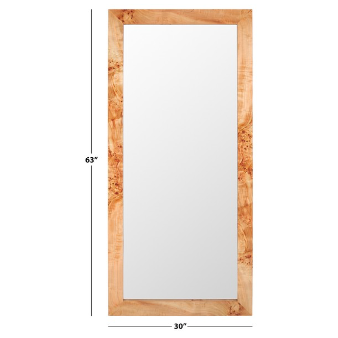 Full-length mirror with wooden frame and dimensions on a white background