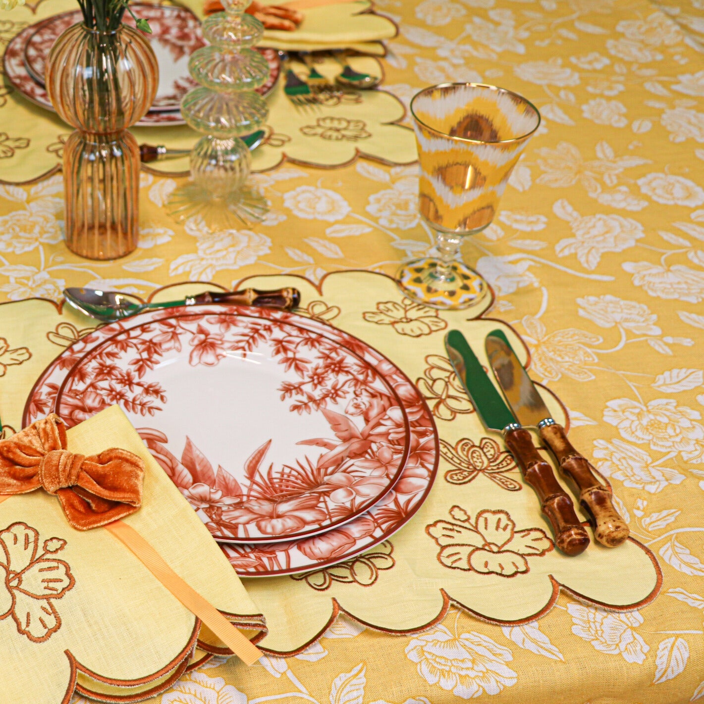 Marigold Flora Parlour Linen Tablecloth in White and Mustard