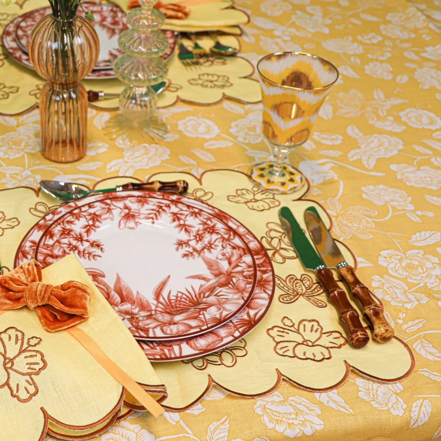 Marigold Flora Parlour Linen Tablecloth in White and Mustard