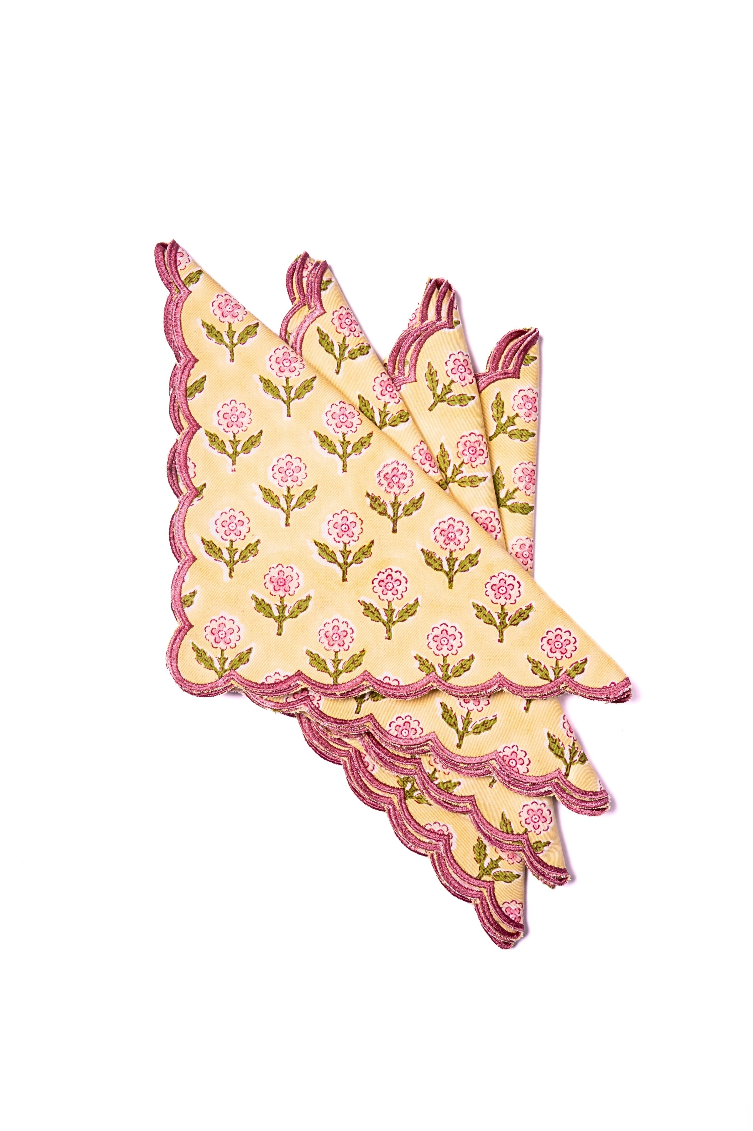 Mona Scallop Embroidered Blockprint Napkins in Butter Yellow, Set of 4