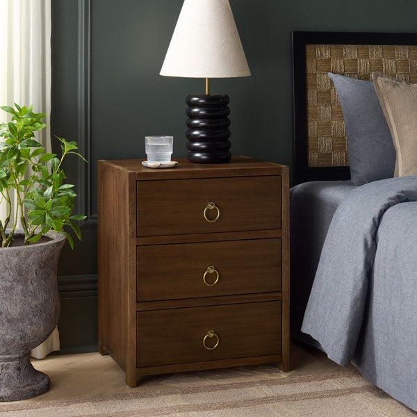 Sadie Wood Nightstand with 3 Drawer in Chocolate