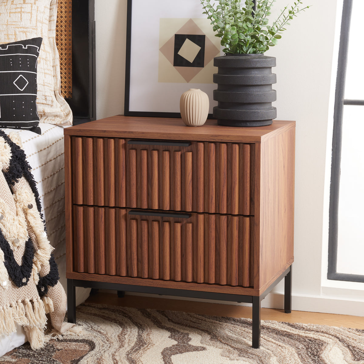 Lylia 2 Drawer Nightstand in Walnut and Black