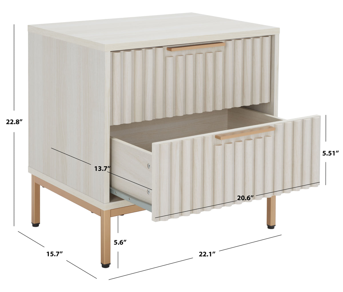 Lylia 2 Drawer Nightstand in Bleached White and Gold