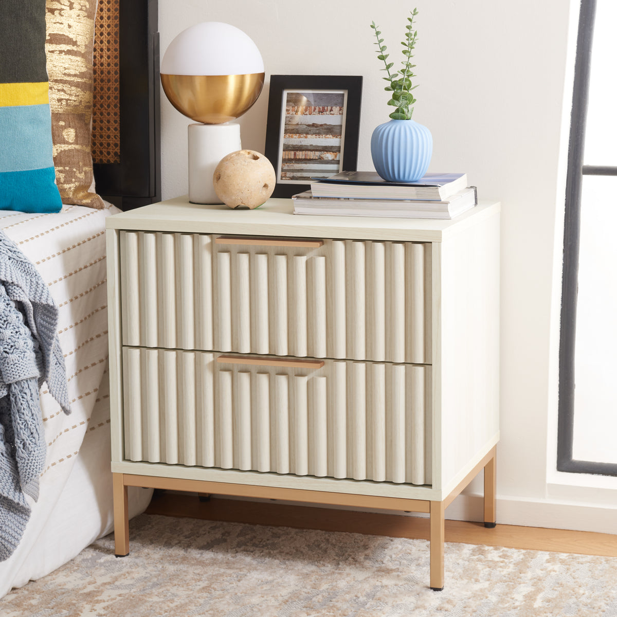 Lylia 2 Drawer Nightstand in Bleached White and Gold