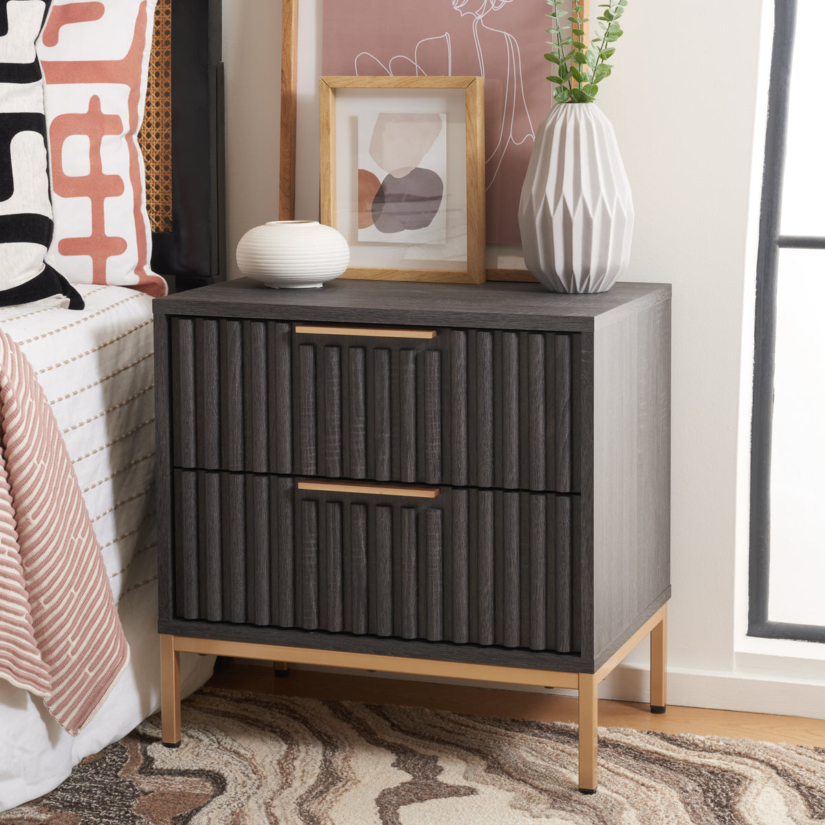 Lylia 2 Drawer Nightstand in Distressed Black and Gold
