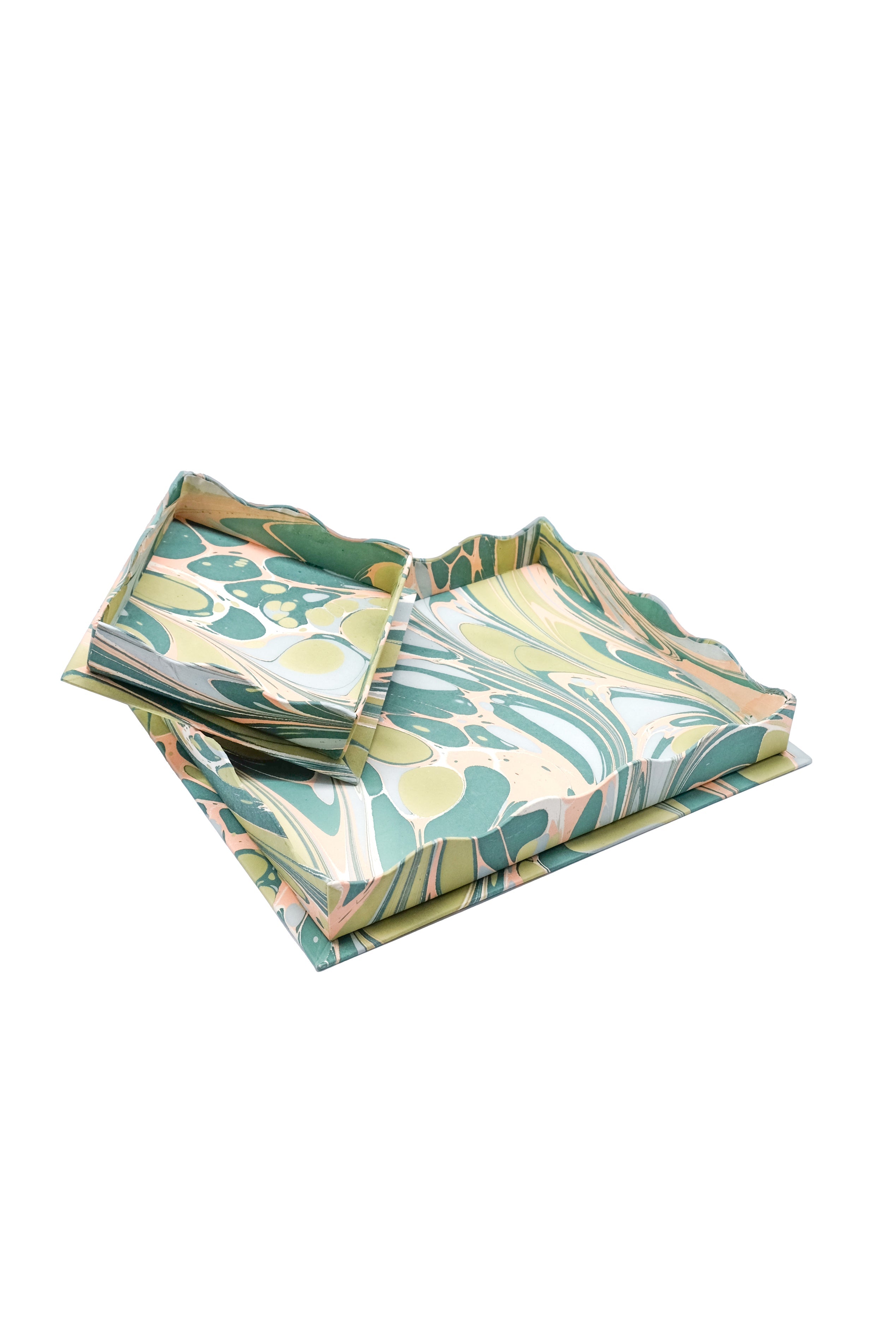 Nesting Scalloped Hand-Marbled Trays in Green and Pink