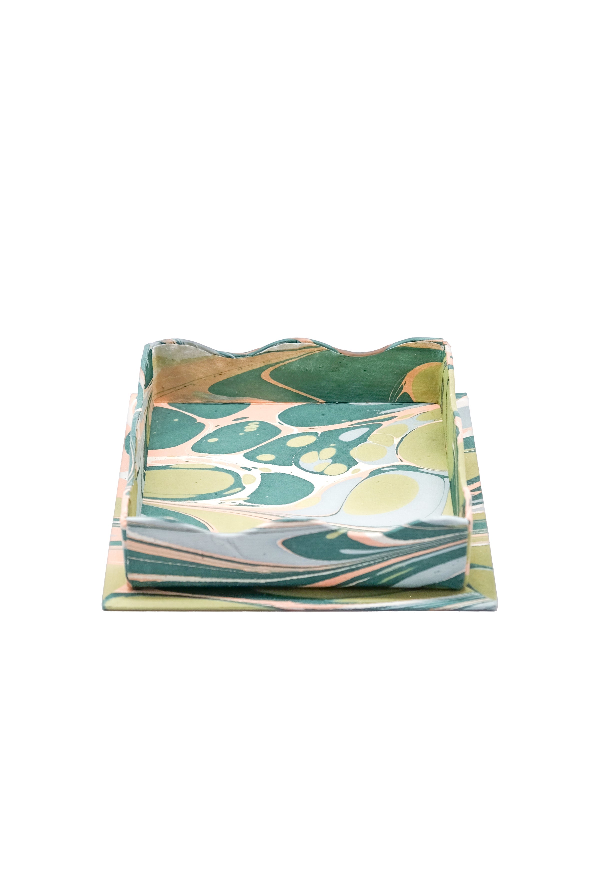 Nesting Scalloped Hand-Marbled Trays in Green and Pink