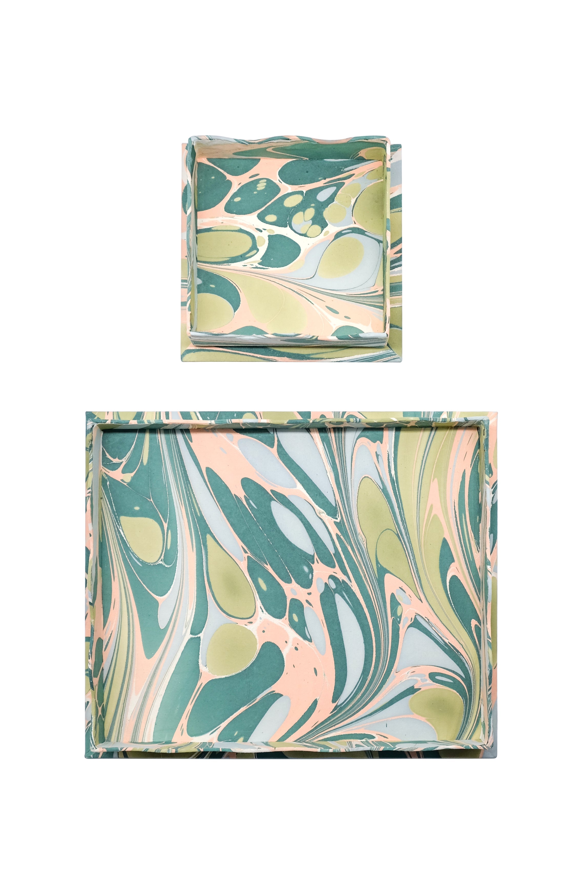 Nesting Scalloped Hand-Marbled Trays in Green and Pink