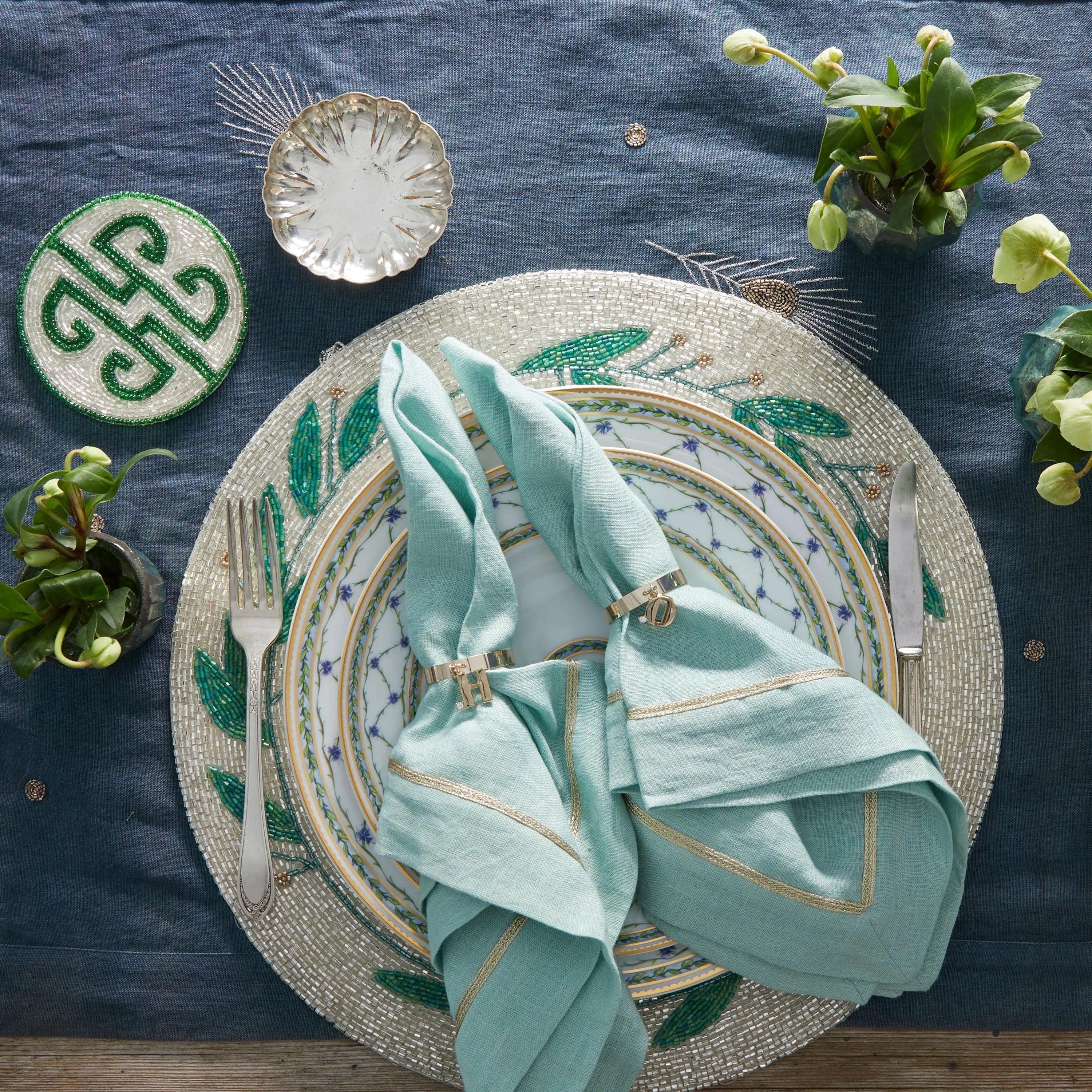 Gold trim dinner napkins, duck egg blue, set of two - The Mayfair Hall