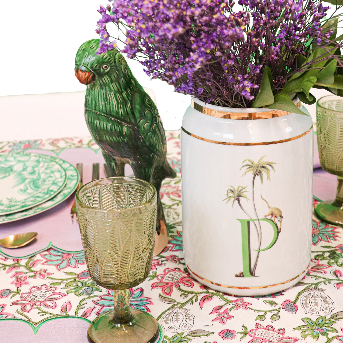 Olive Leaf Goblet in Green with Botanical Embossing (Set of 4)