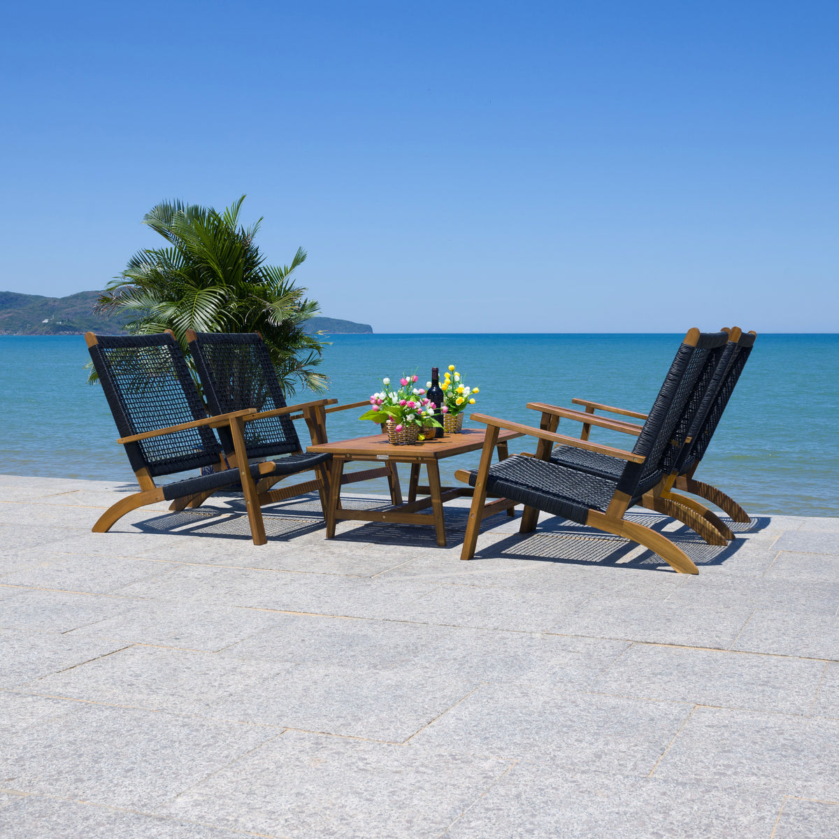 Deven 5 Piece Patio Living Set in Natural Wood and Black Rope