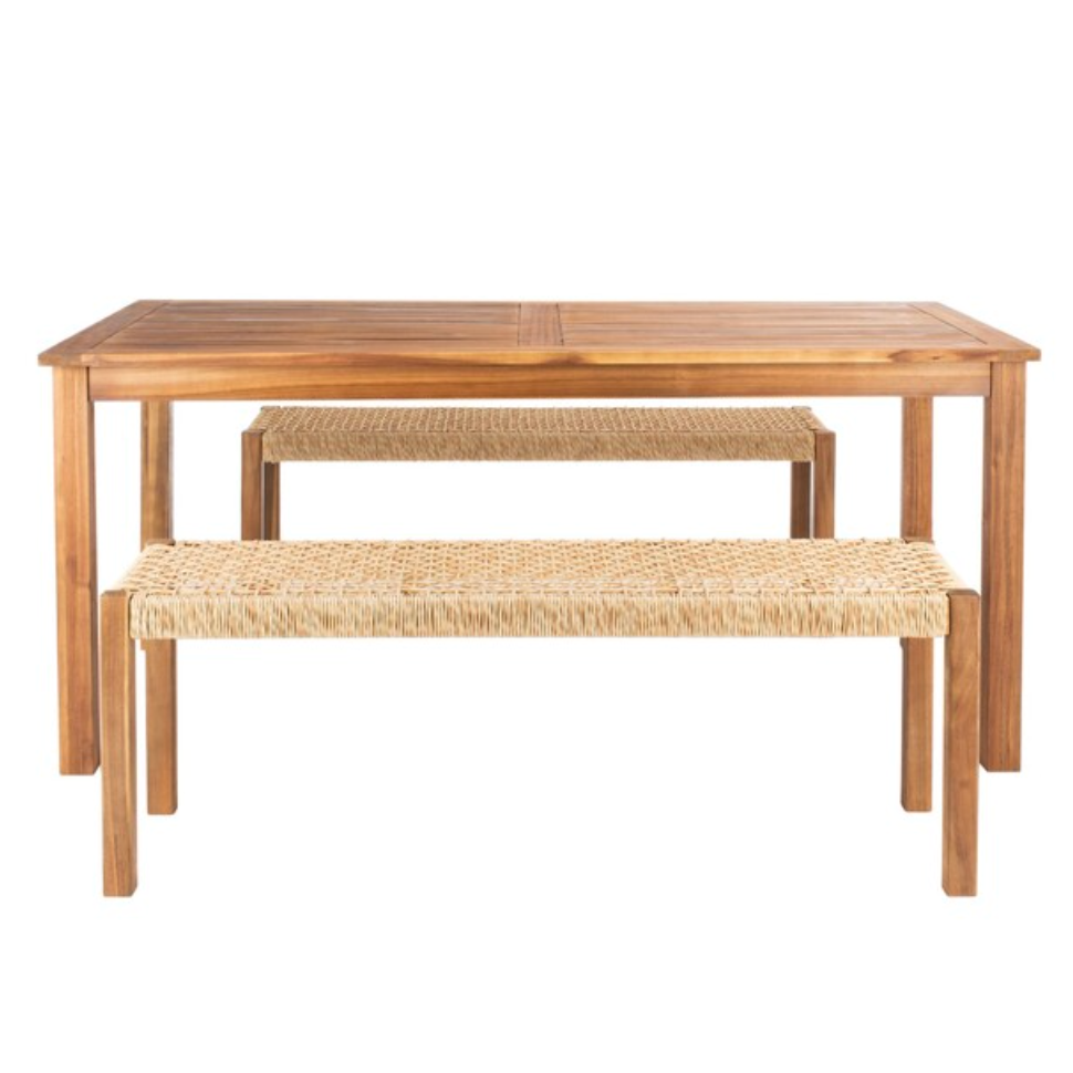 Aquina Outdoor Dining Set in Natural with Light Brown Woven Rattan Benches