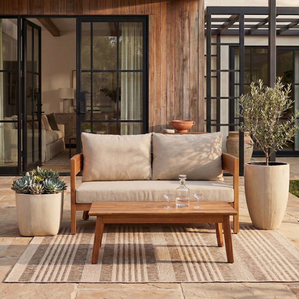 Theo Loveseat Table in Natural and Taupe