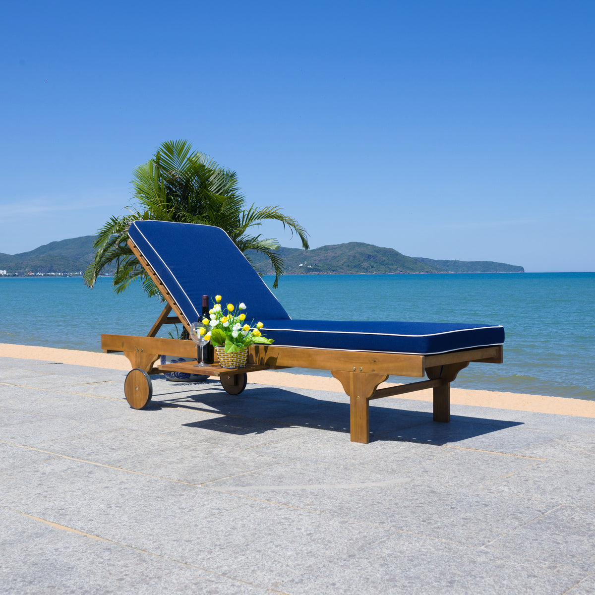 Newport Chaise Lounge in Natural with Navy Cushion and White Piping