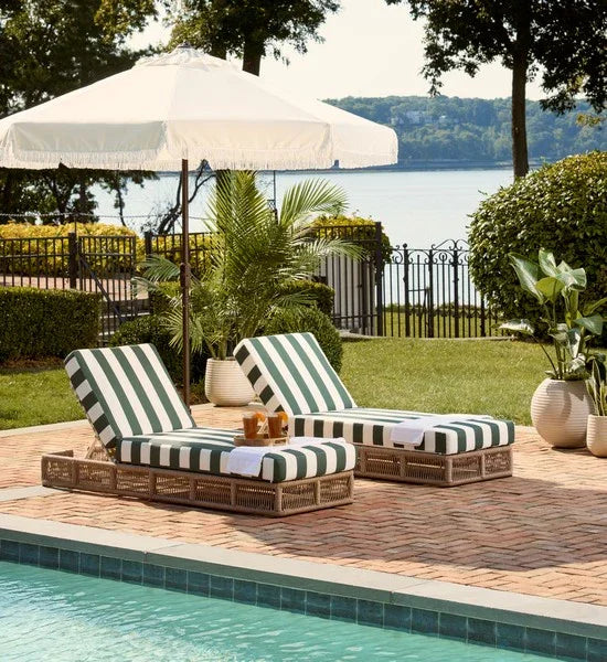 Gillian Woven Rope Outdoor Chaise Loungers in Heather Tan and Hunter Green - The Mayfair Hall