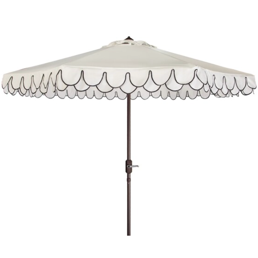 Elegant Valance Auto Tilt Umbrella in Ivory with Black Scalloped Edge (9 ft)