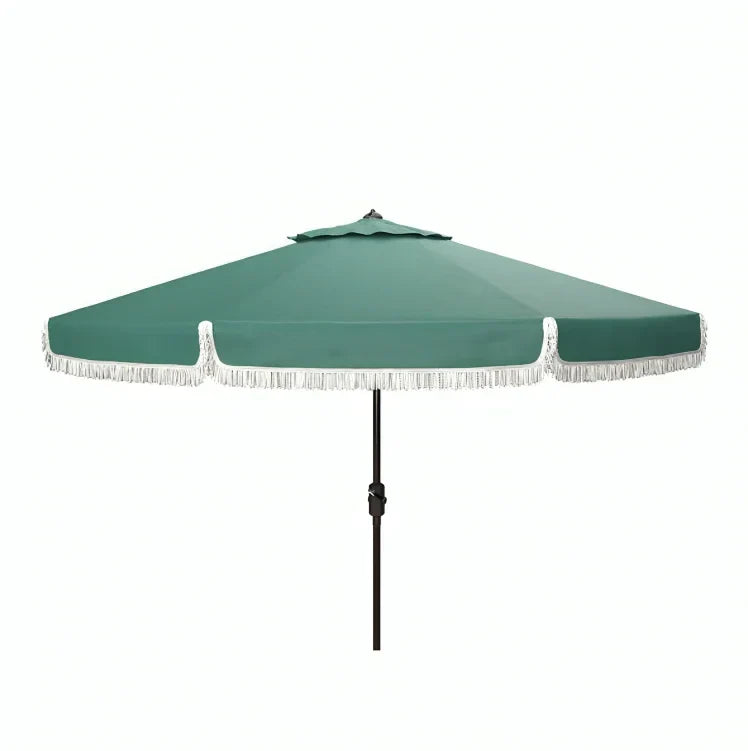 Milan Polyester Fringe Crank Outdoor Umbrella in Hunter Green with Push Button (9 ft) - The Mayfair Hall