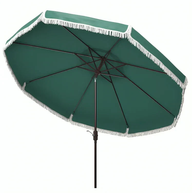 Milan Polyester Fringe Crank Outdoor Umbrella in Hunter Green with Push Button (9 ft) - The Mayfair Hall