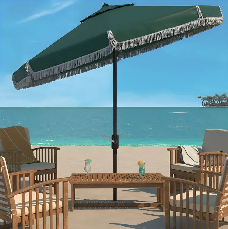 Milan Polyester Fringe Crank Outdoor Umbrella in Hunter Green with Push Button (9 ft) - The Mayfair Hall