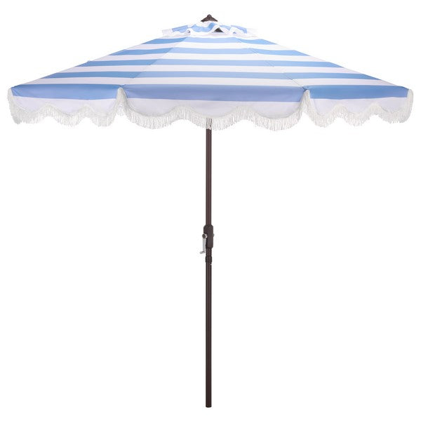 Lucerna Crank Outdoor Umbrella in Baby Blue Stripe with Fringe (9 ft)