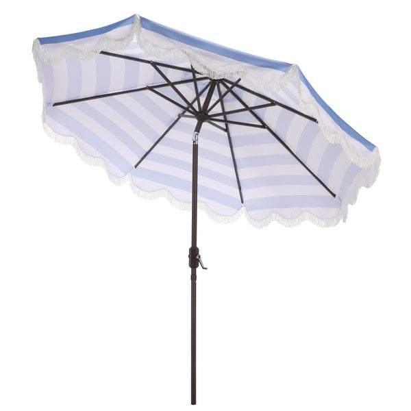 Lucerna Crank Outdoor Umbrella in Baby Blue Stripe with Fringe (9 ft)