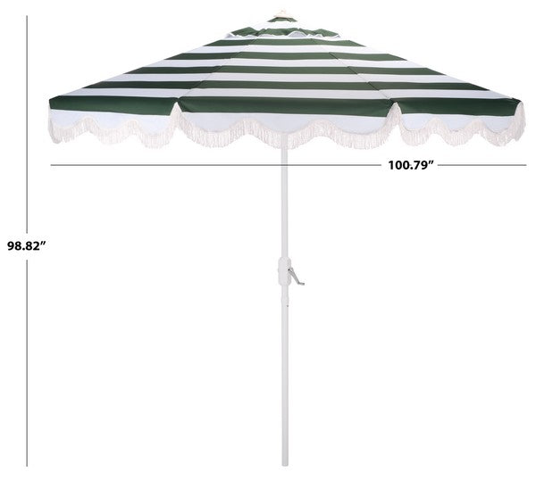 Lucerna Crank Outdoor Umbrella in Hunter Green Stripe with White Fringe (9 ft)